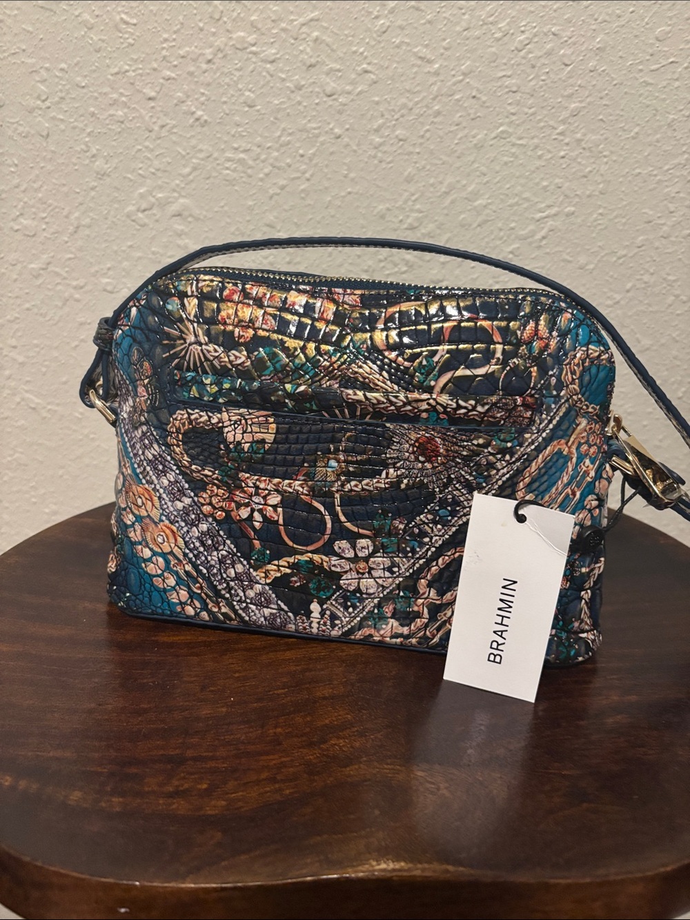 Brahmin Teal Multi Embossed Leather Crossbody Bag